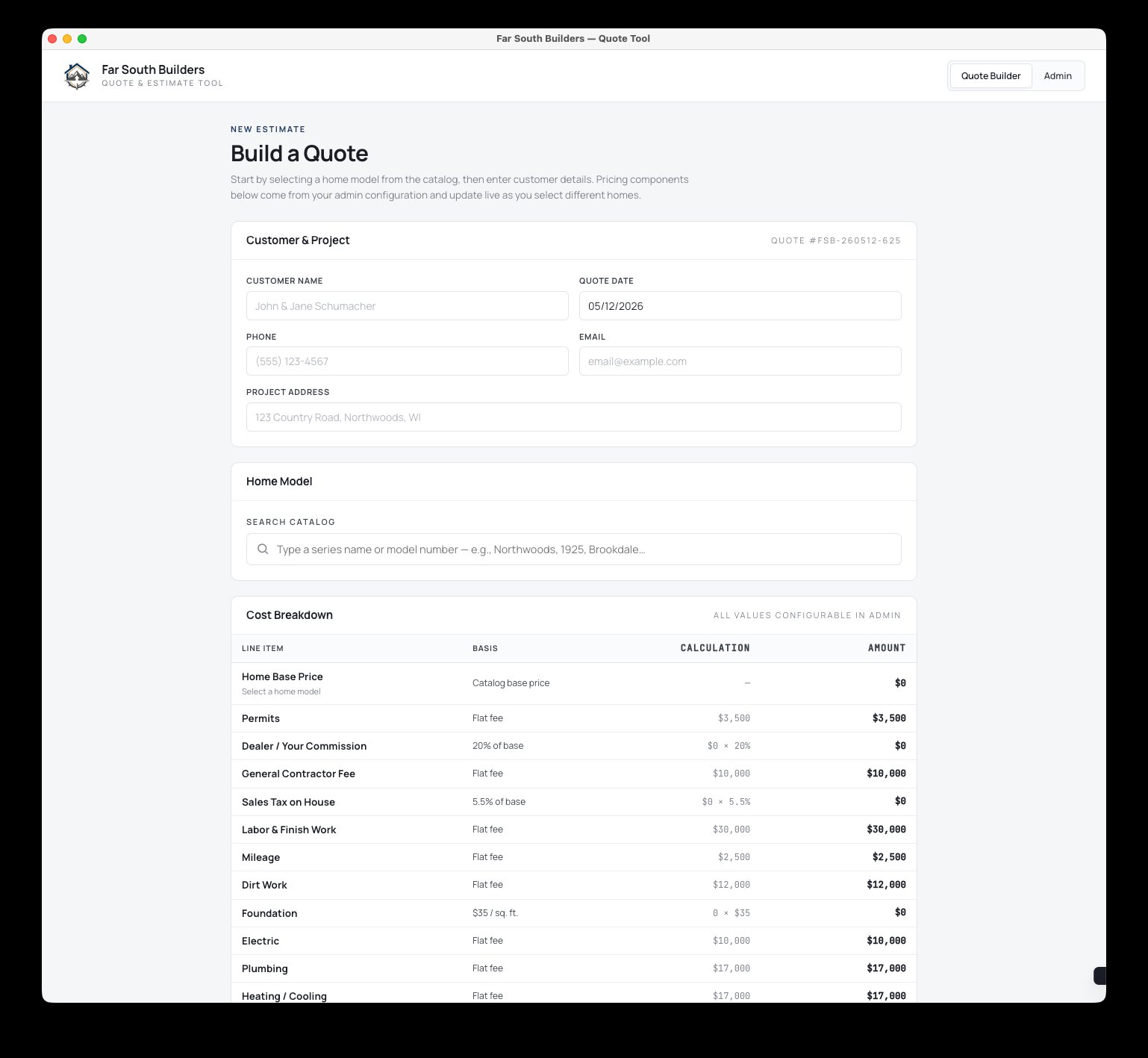 Far South Builders quote tool showing a build-a-quote form with customer details, home model search, and a cost breakdown table.