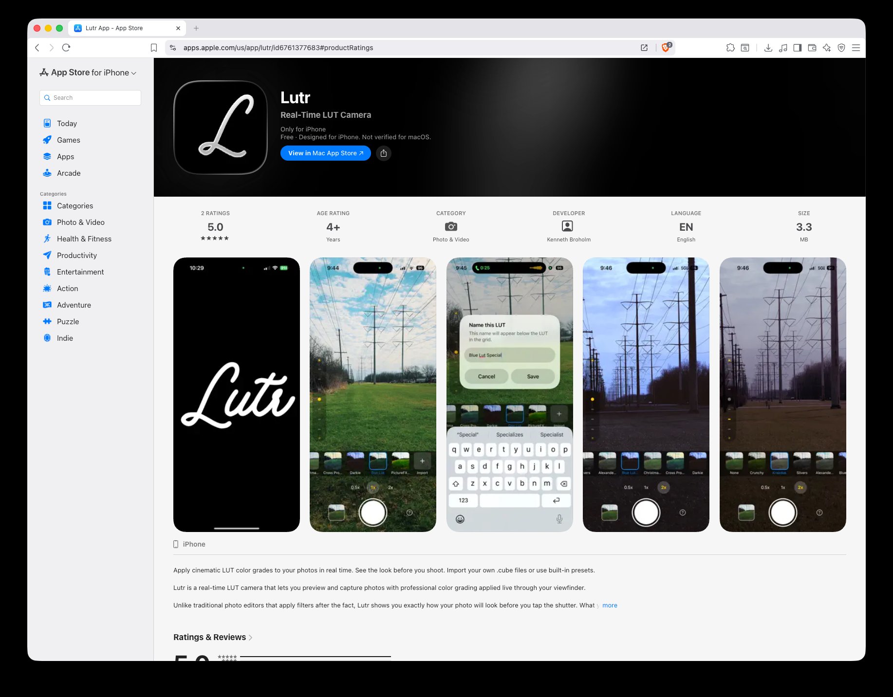 App Store listing for Lutr showing screenshots of the real-time LUT camera previewing different color grades.