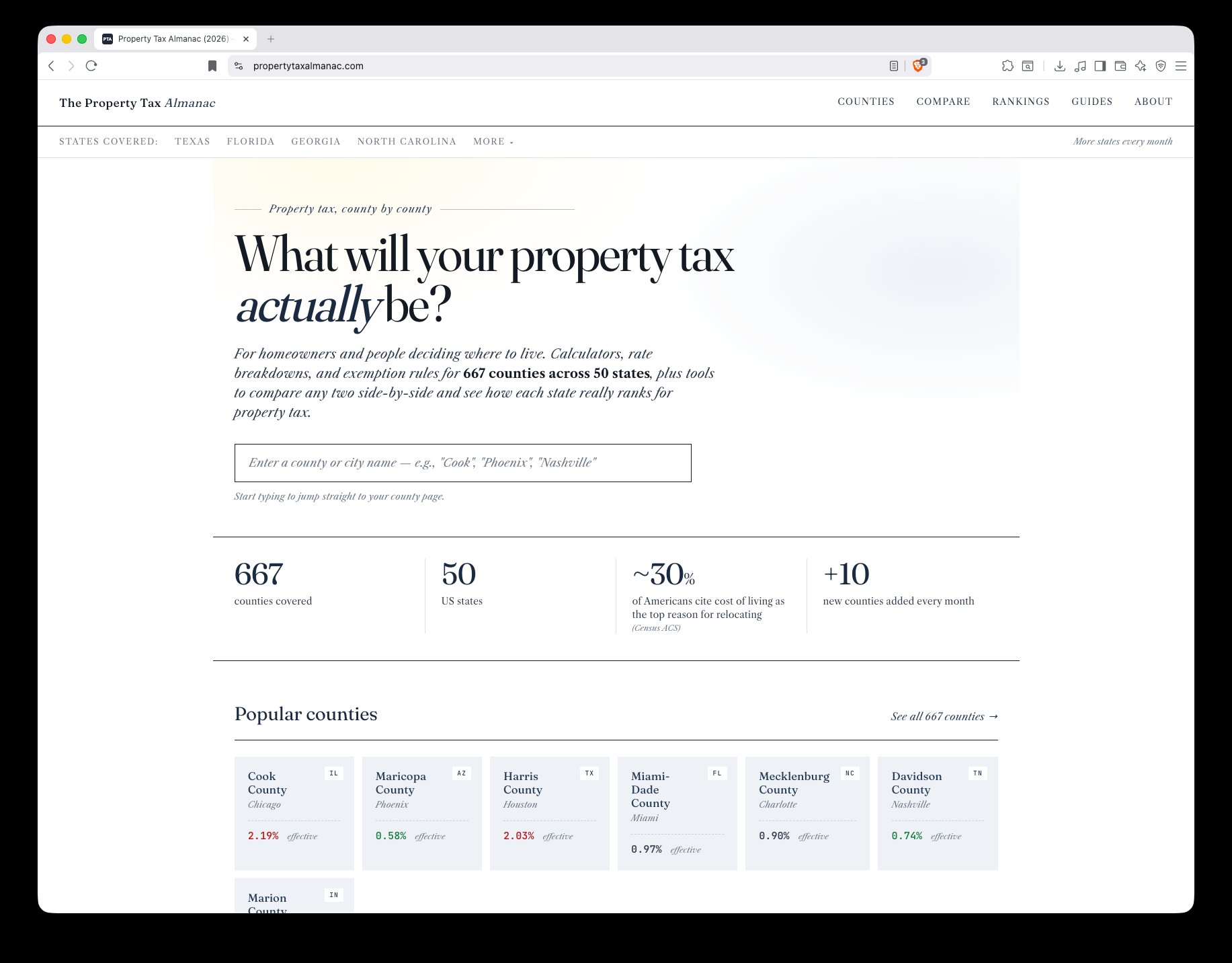 The Property Tax Almanac homepage asking 'What will your property tax actually be?' with a grid of popular US counties.
