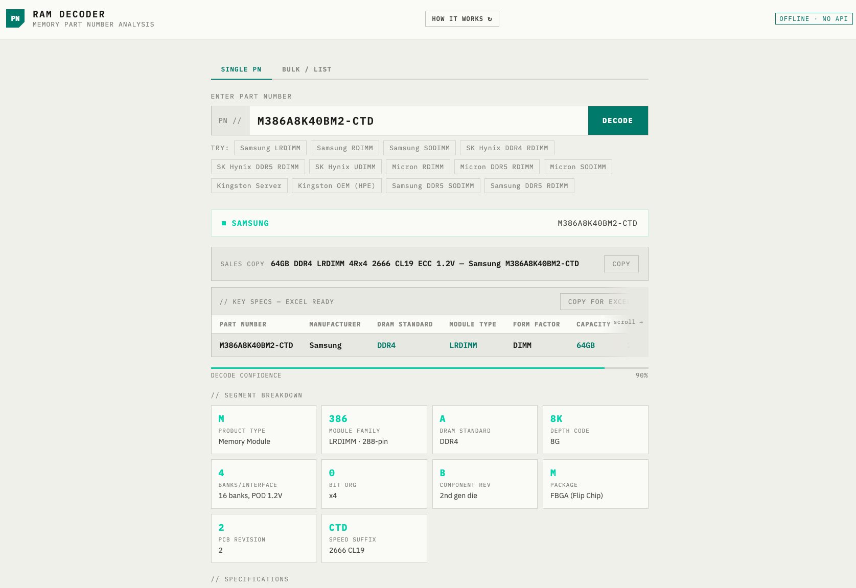 RAM Decoder web tool showing a decoded Samsung part number with full segment breakdown.