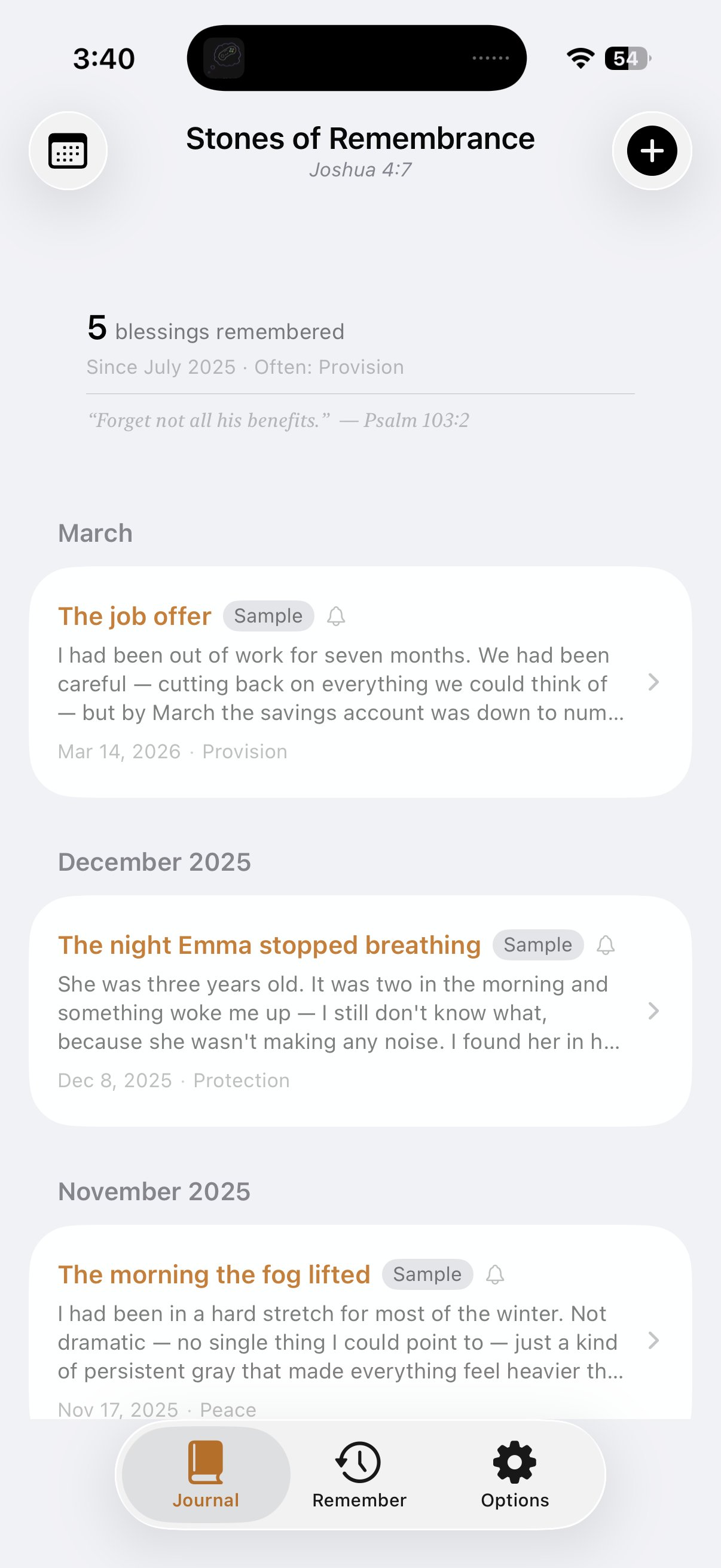 Stones of Remembrance iOS app showing a journal of remembered blessings.