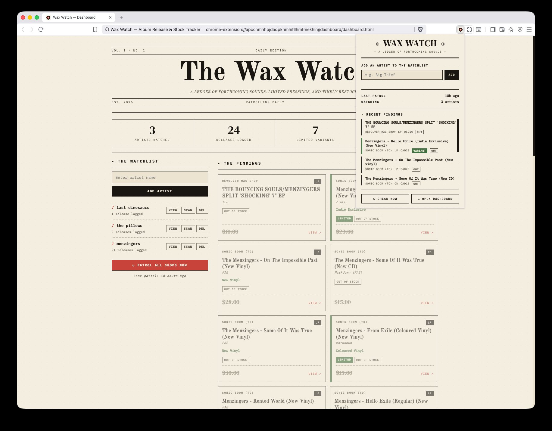 Wax Watch dashboard styled like a vintage newspaper, showing tracked artists, recent findings, and out-of-stock variants.